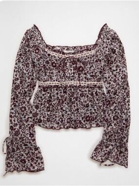 American Eagle Outfitters Burgundy & White Floral Smocked Peasant Top chiffon